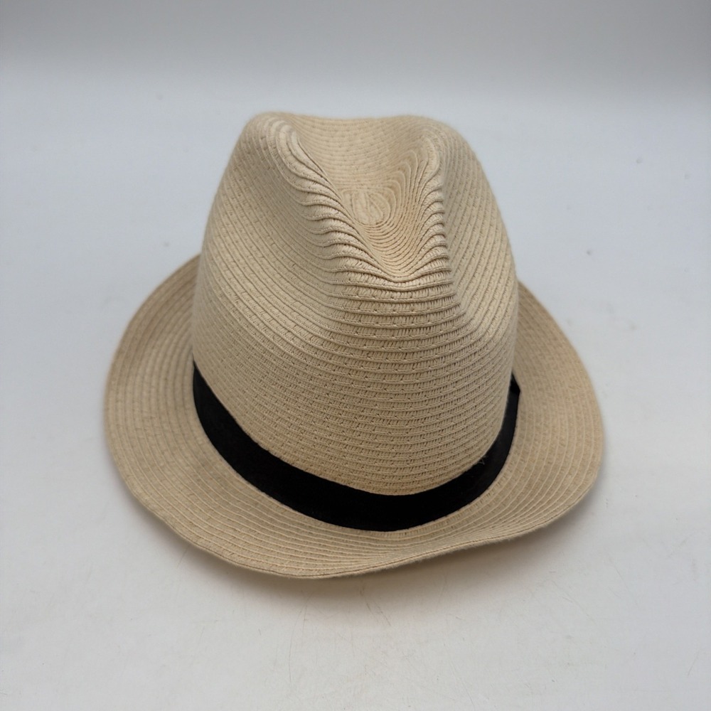beige straw fedora or trilby sun hat featuring a pinched crown
